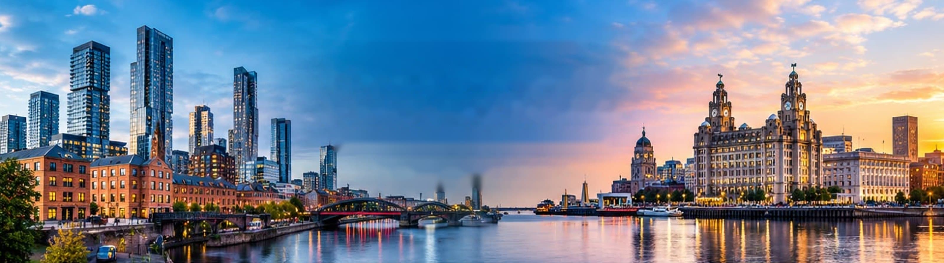 Manchester skyline and the Liverpool waterfront at sunset